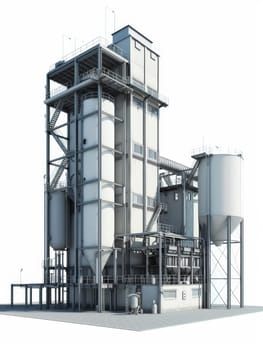 3D model of an industrial processing plant with detailed silos, pipes, and structures