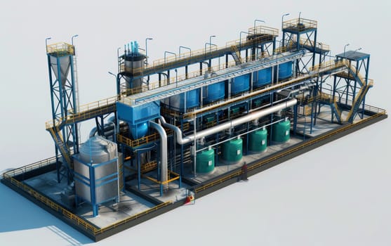 Detailed 3D rendering of a water treatment plant with silos, piping, and machinery