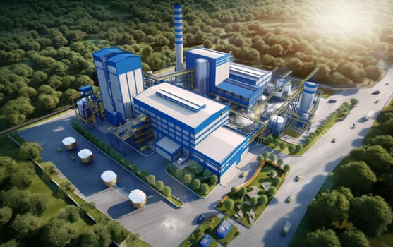Highly detailed 3D rendering of an industrial complex surrounded by greenery