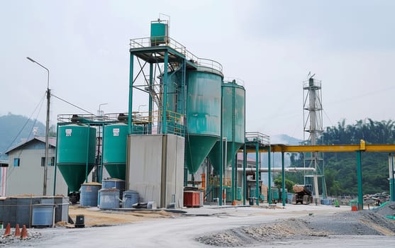 Operational industrial asphalt plant amidst construction machinery and storage silos