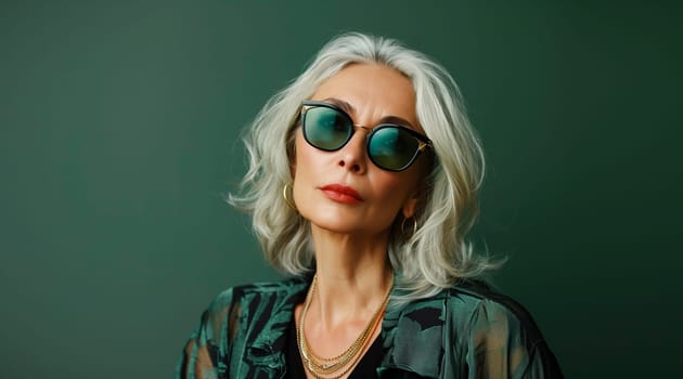 Fashion portrait of stylish senior woman with gray hair in glasses looking at camera on green studio background