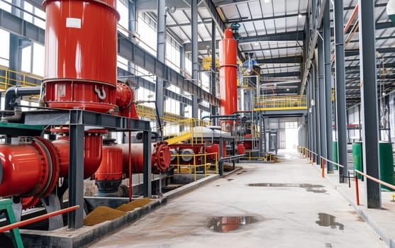 Advanced fire suppression system in a modern industrial setting with red pipelines