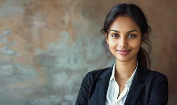 Portrait of confident Indian happy young woman employee, female worker wearing business suit and looking at camera on studio background