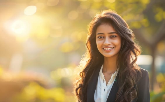 Portrait of confident happy young Indian woman employee standing outdoors, female worker wearing business suit and looking at camera