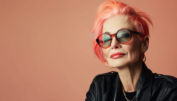 Fashion portrait of stylish senior woman with dyed hair, bright red hairstyle in glasses posing on pink studio background