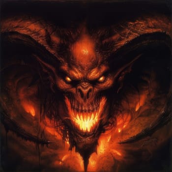 Artistic depiction of a fierce red demon with glaring eyes and large horns