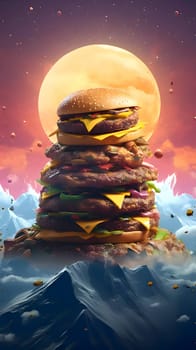 Illustration: A colossal hamburger towering like a mountain, set against the backdrop of a radiant yellow moon, creating a surreal and captivating scene of gastronomic grandeur.