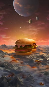 Abstract Illustration: A delectable hamburger floats against a captivating sky, forming a visually enticing composition that stimulates the senses.