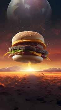 Abstract Illustration: A delectable hamburger floats against a captivating sky, forming a visually enticing composition that stimulates the senses.