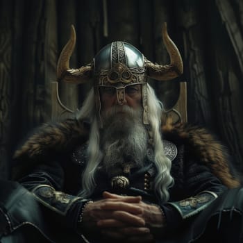 Majestic elderly Viking king with a horned helmet seated in a grand hall