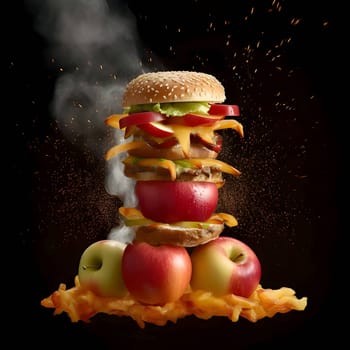 Hamburger made with apples on a striking black background, offering a unique and creative twist to the traditional burger concept.