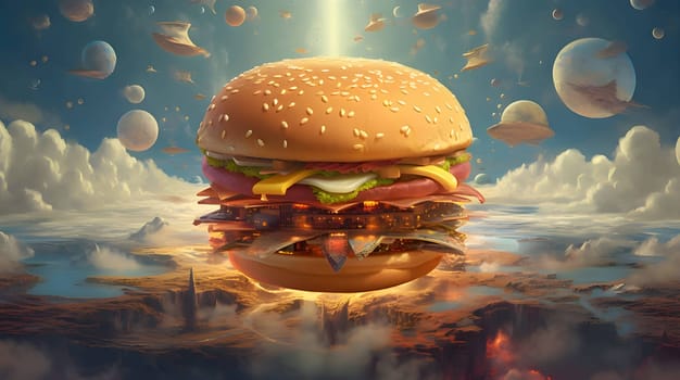 Abstract Illustration: A delectable hamburger floats against a captivating sky, forming a visually enticing composition that stimulates the senses.