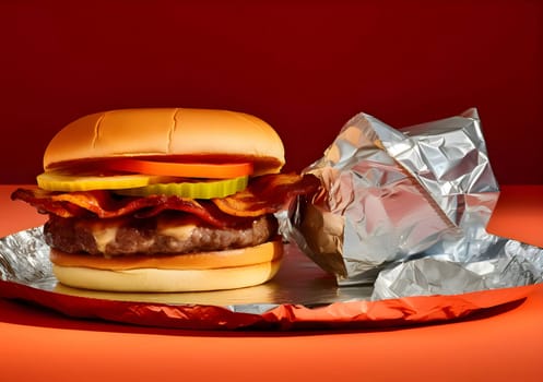 Hamburger with bacon, pickle, and tomato artfully presented on a gleaming aluminum platter, set against a vibrant red background.