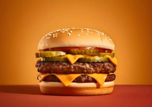 A delectable hamburger featuring cheese, cucumber, and tomato, showcased on a vibrant orange background.