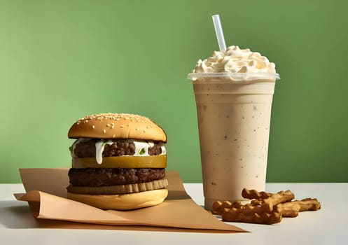 Against a captivating green background, a mouthwatering hamburger, accompanied by a creamy shake and a side of golden fries.