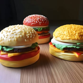 Three miniature toy burgers are playfully displayed on a wooden table, creating a delightful scene that sparks imagination and playful enjoyment.