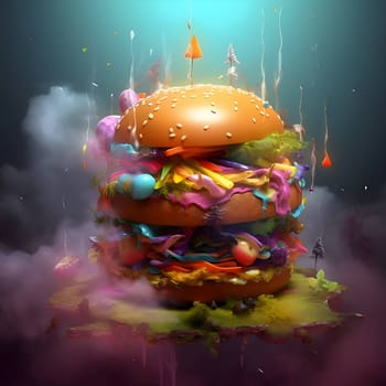 An abstract illustration showcasing a unique arrangement of hamburgers amidst a lush and vibrant forest, blending nature and culinary artistry in a captivating display.