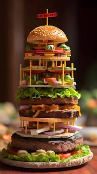 Innovative hamburger tower stacked with fresh lettuce leaves, promising a delightful and unique culinary experience.