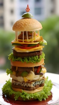 Innovative hamburger tower stacked with fresh lettuce leaves, promising a delightful and unique culinary experience.