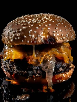 A mouthwatering hamburger creation awaits on a sleek black backdrop. This delectable masterpiece showcases a juicy patty topped with a generous serving of fluffy scrambled eggs.