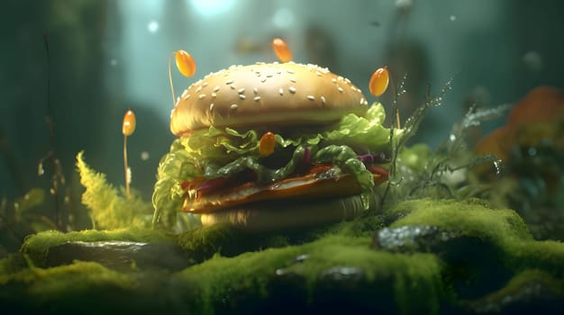 Abstract illustration showcasing a hamburger amidst a serene nature backdrop, blending gastronomy with the beauty of the natural world.