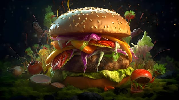 Abstract illustration showcasing a hamburger amidst a serene nature backdrop, blending gastronomy with the beauty of the natural world.