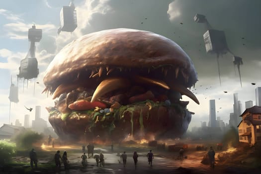 An abstract illustration portraying a hamburger-shaped alien menacingly descending upon the planet.