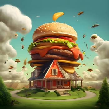 An illustration of a hamburger shaped like a house. A unique twist on a classic, showcasing creativity and imagination.