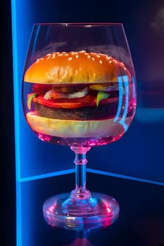 An abstract representation of a hamburger captured within a glass, creating a unique visual composition.