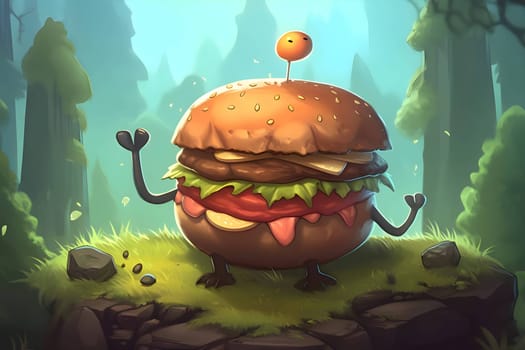 An animated illustration featuring a hamburger with anthropomorphic hands playfully interacting with the surrounding woods.