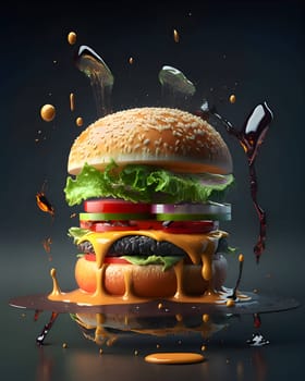 A delicious multi-layered burger with crisp lettuce, melted cheese, juicy tomato, and savory onion, showcased on a dark background.