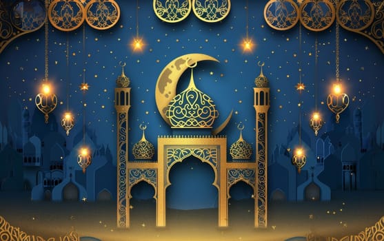 An ornate gateway and mosque silhouette against a star-filled sky, designed for Eid celebrations, encapsulating the essence of Islamic architecture