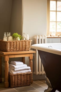 Cottage bathroom decor, interior design and wicker home decor and candles, bathtub and bathroom furniture, English country house and countryside style interiors