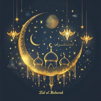 A dazzling Eid al-Mubarak greeting design with golden domes and crescent against a celestial background, embodying the festive spirit of the holiday