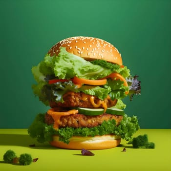 A sizable hamburger topped with fresh tomato, crisp cucumber, and leafy lettuce, set against a vibrant green background.