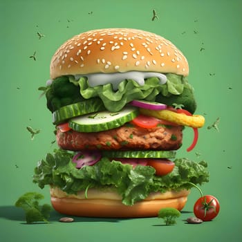 An illustration showcasing a substantial vegetable burger with various colorful veggies, presented on a captivating green background.