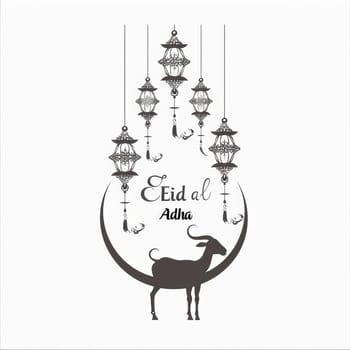 A monochromatic greeting design with a goat silhouette, crescent, and hanging lanterns for Eid al-Adha, in elegant grayscale