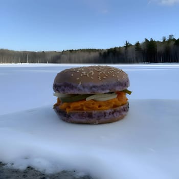 Experience the magic of winter with a delightful hamburger surrounded by a snowy ambiance.