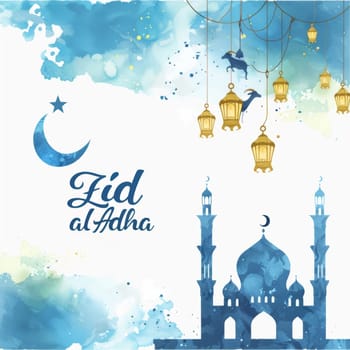 A serene blue watercolor themed Eid al-Adha card featuring lanterns, a crescent moon, and a mosque silhouette for a spiritual touch