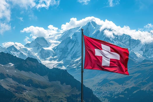 Swiss flag on a background of beautiful mountains on a sunny day.