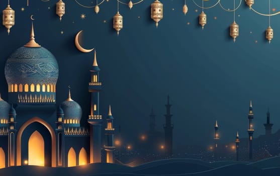 A mesmerizing evening view of a mosque with ornate lanterns under the stars, invoking the sacredness of the Eid celebration