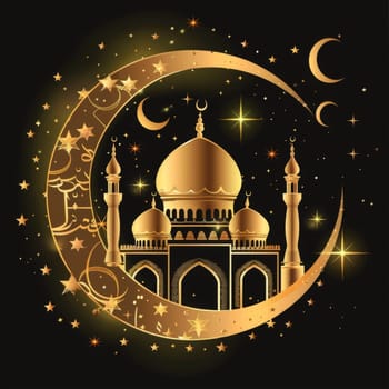 This dazzling design encapsulates a mosque within a golden orb, surrounded by cosmic elements, invoking a sense of reverence and awe