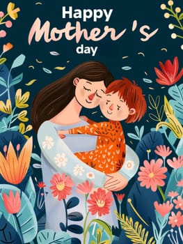 An affectionate illustration of a mother hugging her son amid a garden of red flowers, expressing the warmth of Mothers Day