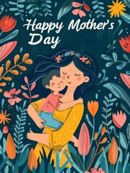 Heartwarming artwork of a mother cuddling her child with a lush floral backdrop for Mothers Day celebration