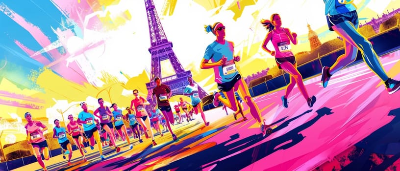Dynamic illustration of marathon runners in vivid colors with the Eiffel Tower in the background, conveying movement and energy