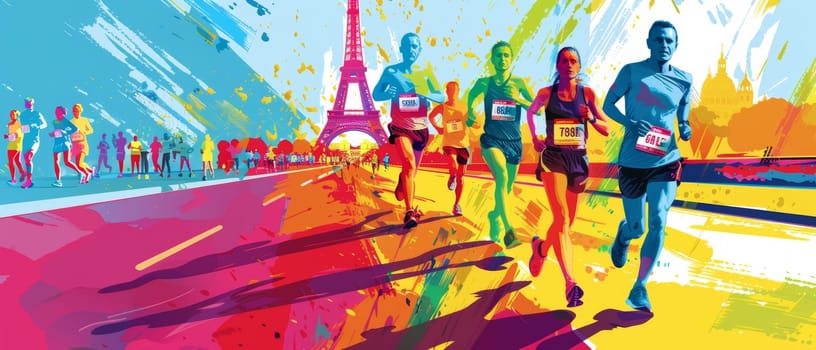 Artistic rendition of marathon runners against a Parisian backdrop, highlighted by bright hues and energetic strokes