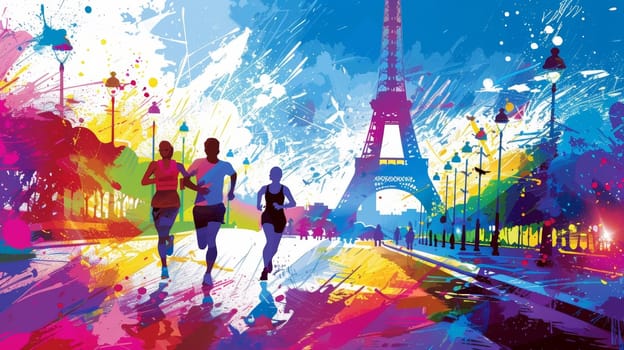 A lively illustration captures runners racing past the Eiffel Tower, infused with splatters of vibrant hues