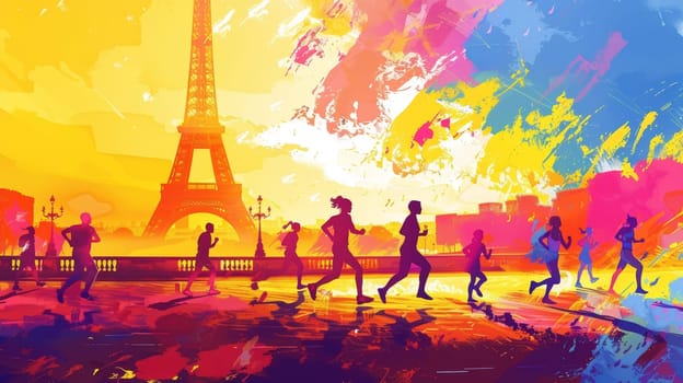 Runners silhouette against a vivid sunset backdrop with the Eiffel Tower, capturing the essence of a Paris marathon