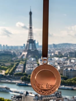 A close-up photo of a marathon medal, engraved with foliage, dangling with the Eiffel Tower and Paris skyline in soft focus in the background