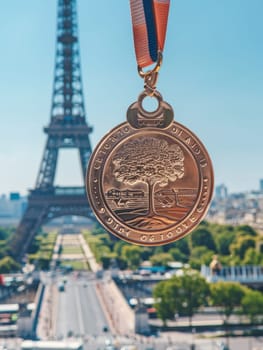 Detailed view of a marathon medal featuring an intricate tree design, with the Eiffel Tower backdrop under a clear blue sky